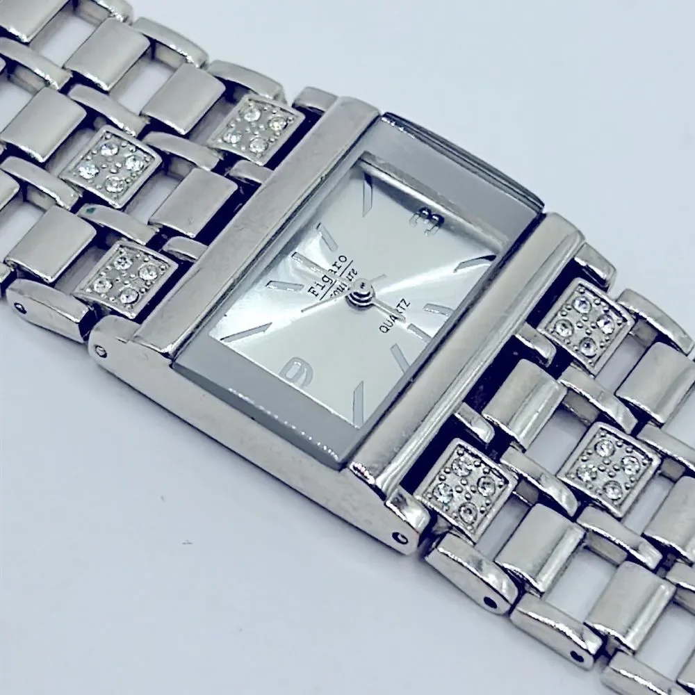 Working! Ladies Figaro Couture Wide Band Rhinestone Watch